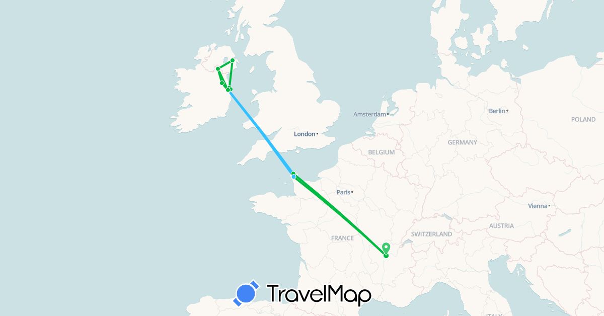 TravelMap itinerary: driving, bus, boat in France, United Kingdom, Ireland (Europe)